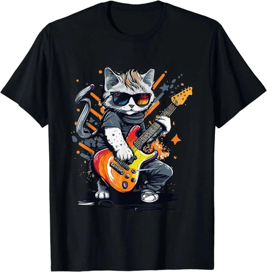 Rock Cat Playing Funny Guitar T-Shirt black guitarmetrics