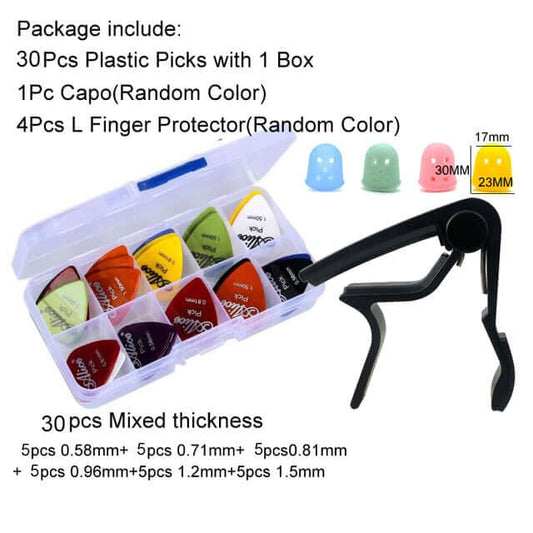 Guitar accessories set (Picks, capo, fingertip protector) 30MixBox1Capo4L guitarmetrics