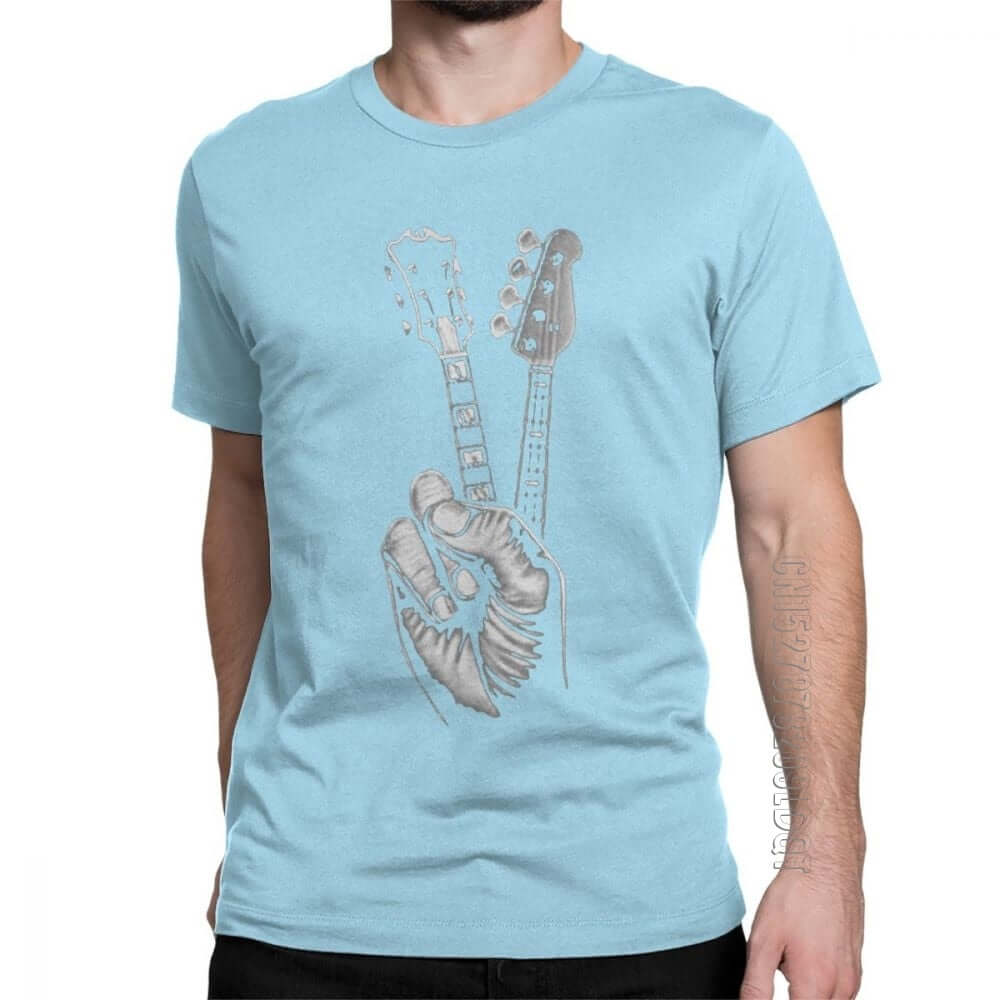 Hipster Bass and Electric guitar victory T Shirt Print Sky Blue guitarmetrics