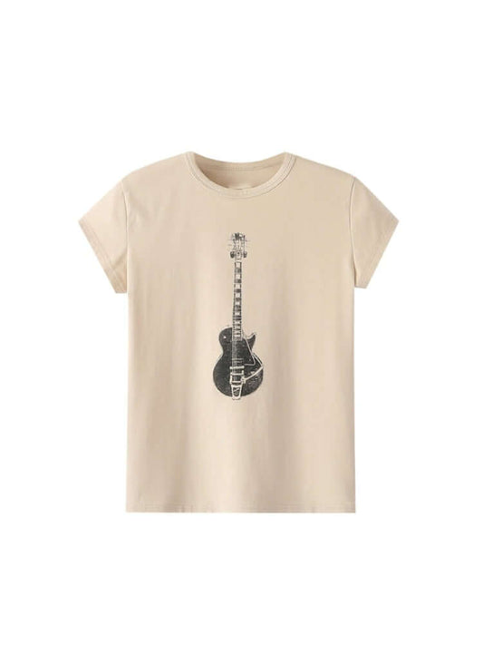 PUWD Casual Women Guitar Print Soft Cotton T-shirt guitarmetrics