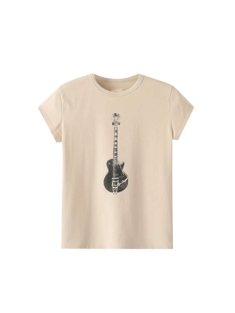PUWD Casual Women Guitar Print Soft Cotton T-shirt guitarmetrics