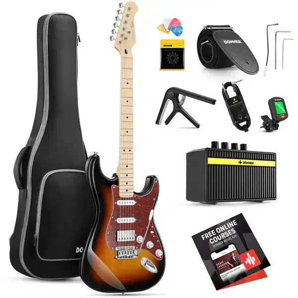 Donner DST-152 Electric Guitar Kit with HSS Coil Split Pickup and Amp - 39-inch ST Model Sunburst guitarmetrics