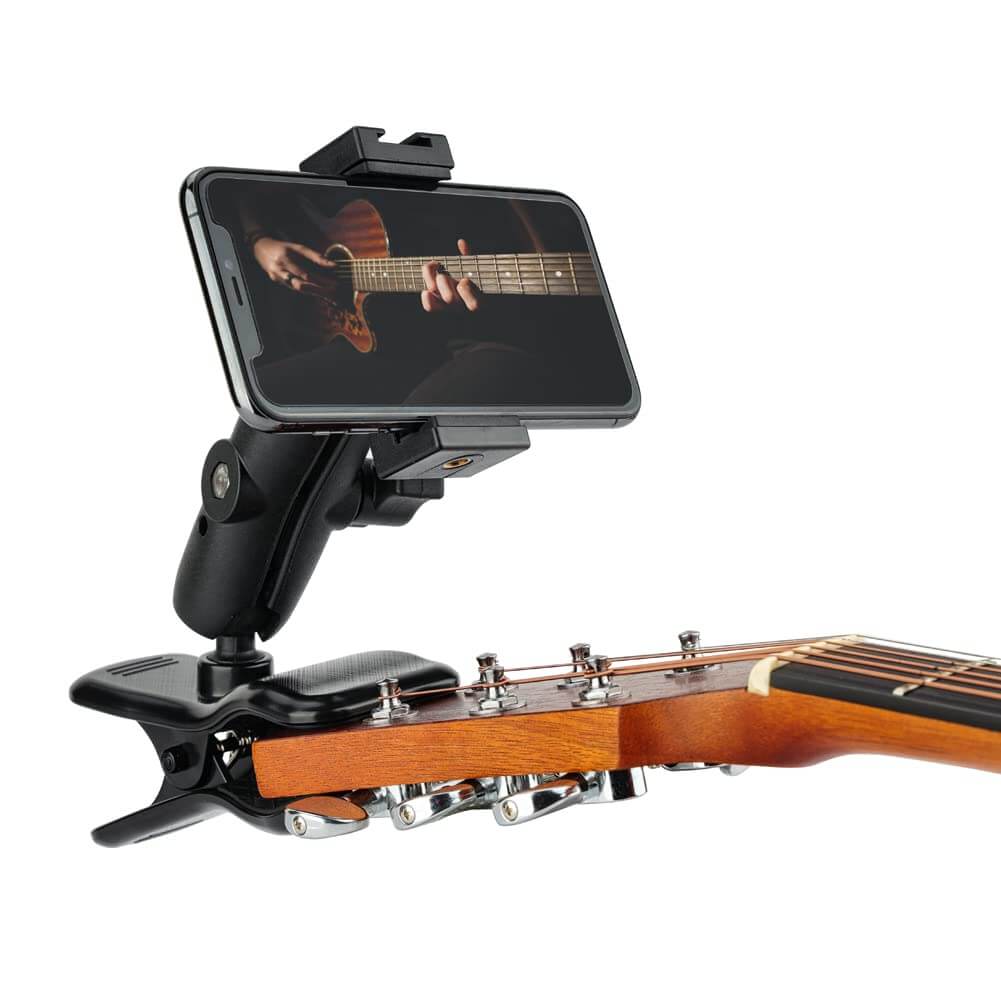 Guitarcamz™ Guitar headstock phone and camera mount. Guitar headstock clamp guitarmetrics