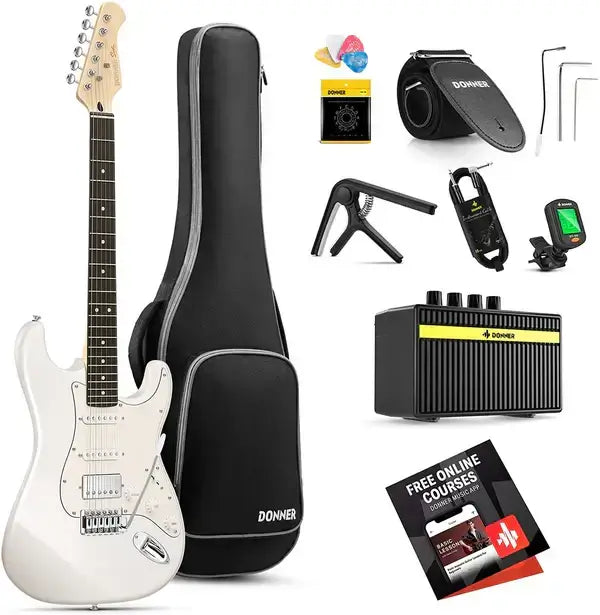 Donner DST-152 Electric Guitar Kit with HSS Coil Split Pickup and Amp - 39-inch ST Model White guitarmetrics