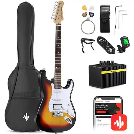 Donner DST-100 Full Size 39-Inch Electric Guitar Kit with Amplifier, Solid Body HSS Pickup Beginner Set Sunbrust guitarmetrics