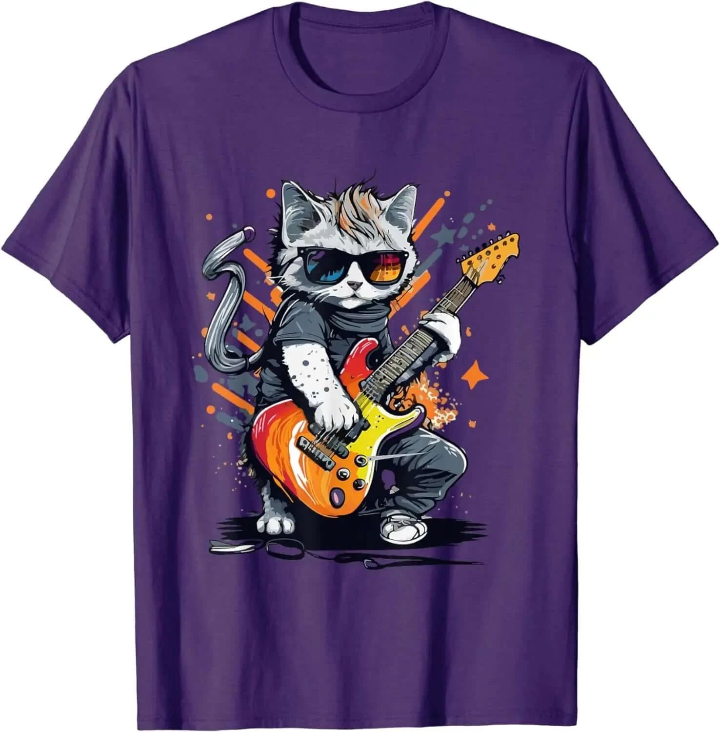 Rock Cat Playing Funny Guitar T-Shirt PURPLE guitarmetrics