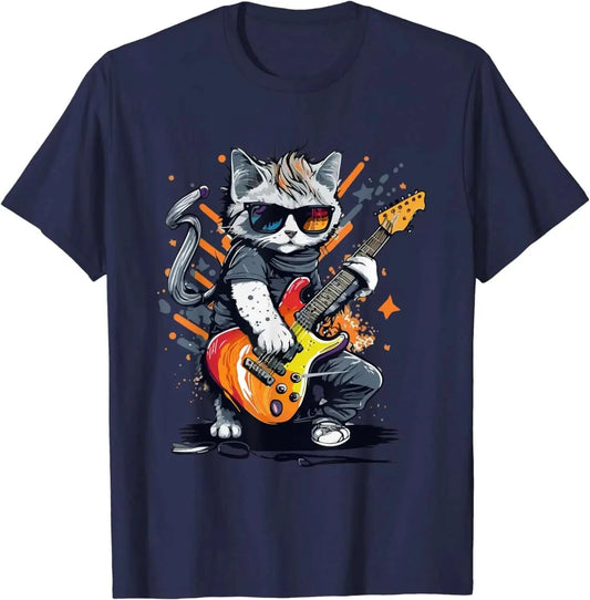 Rock Cat Playing Funny Guitar T-Shirt Navy Blue guitarmetrics