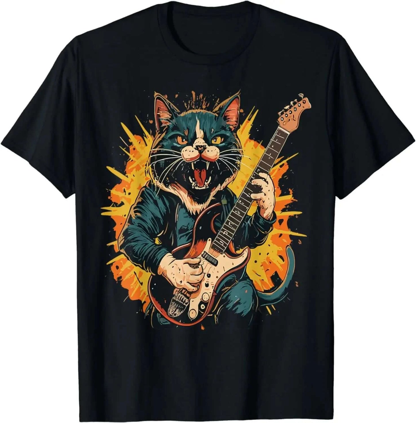 Rock Cat Playing Funny Guitar T-Shirt black2 guitarmetrics