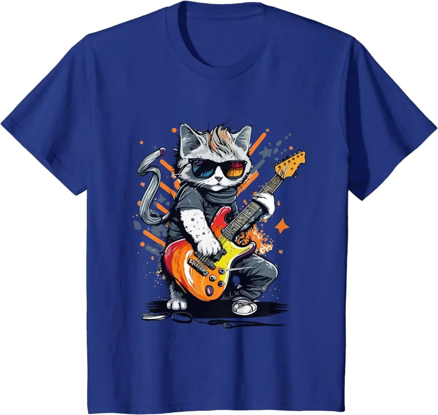 Rock Cat Playing Funny Guitar T-Shirt Blue guitarmetrics