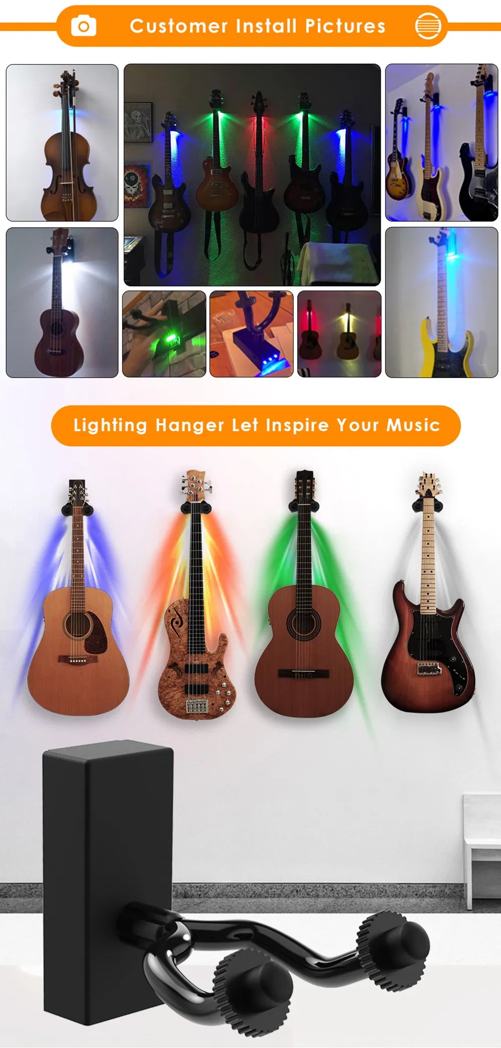 Guitar wall mount with LED light guitarmetrics
