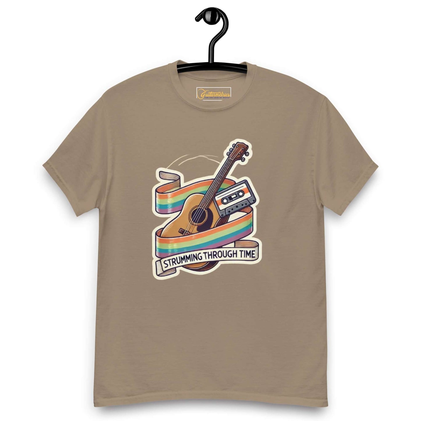 Strumming through Time Unisex Guitar T-shirt Brown Savana guitarmetrics