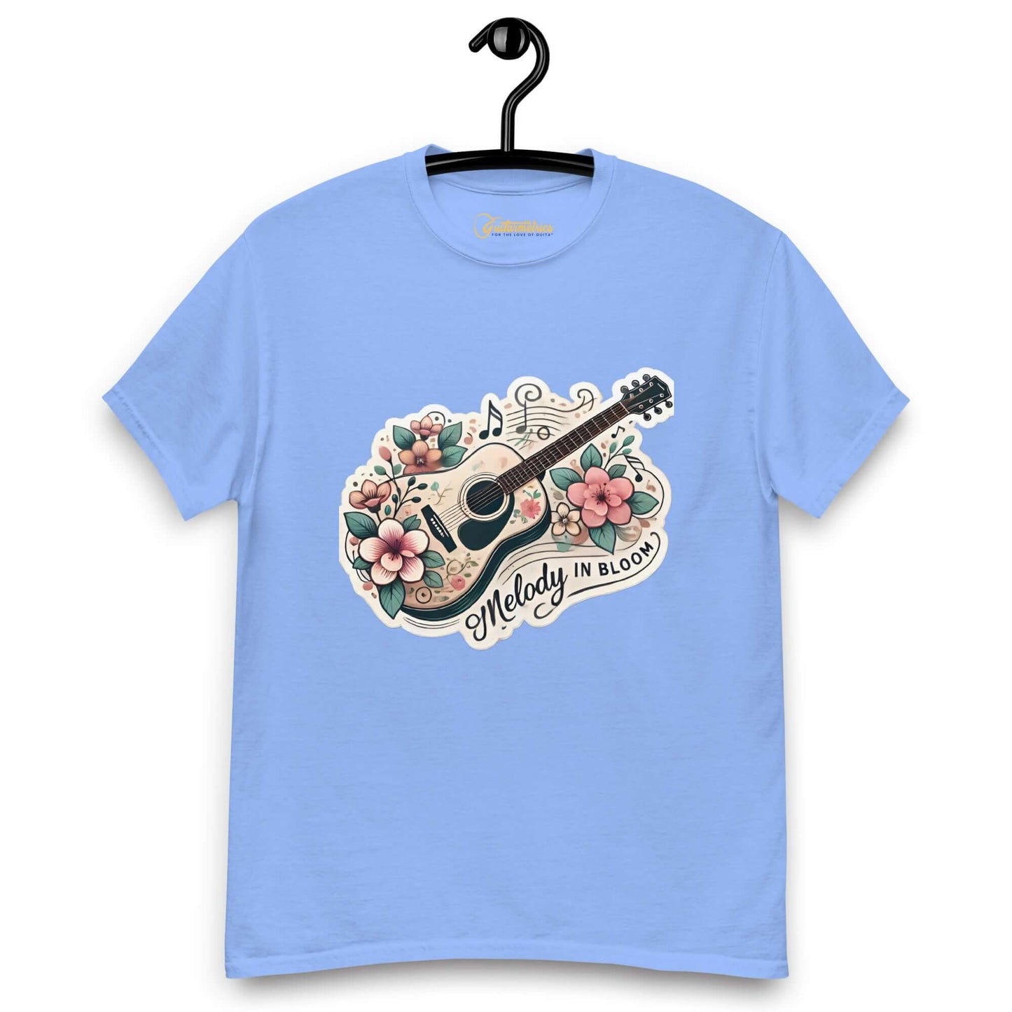 Melody in Bloom Unisex Guitar T-shirt Carolina Blue guitarmetrics