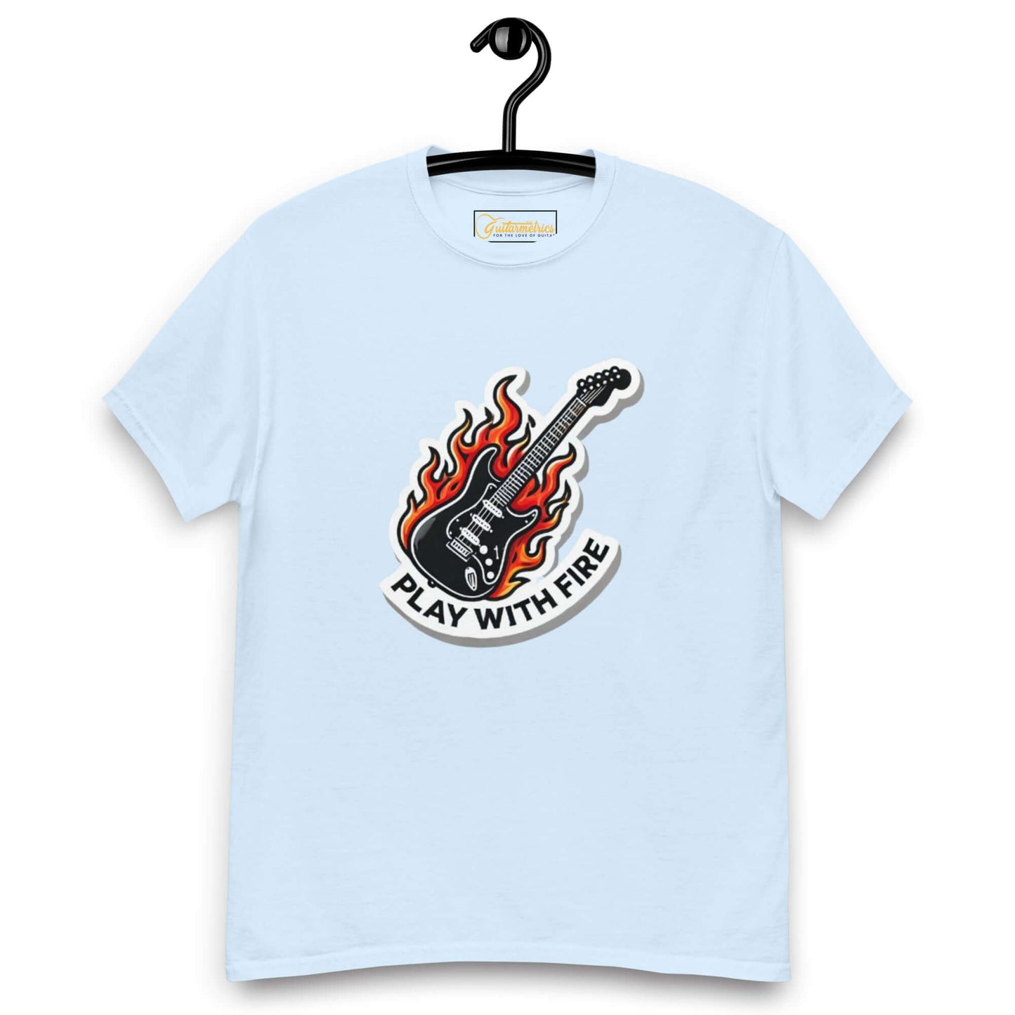 Play with Fire Unisex Guitar T-shirt Light Blue guitarmetrics