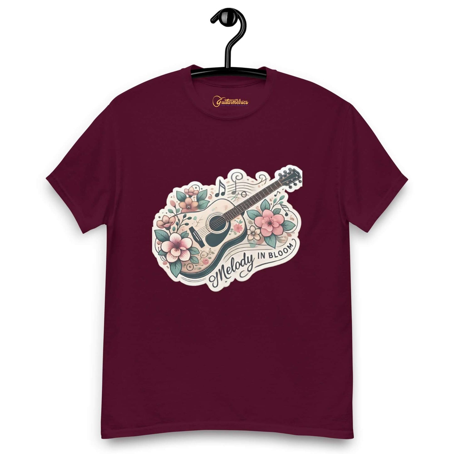 Melody in Bloom Unisex Guitar T-shirt Maroon guitarmetrics