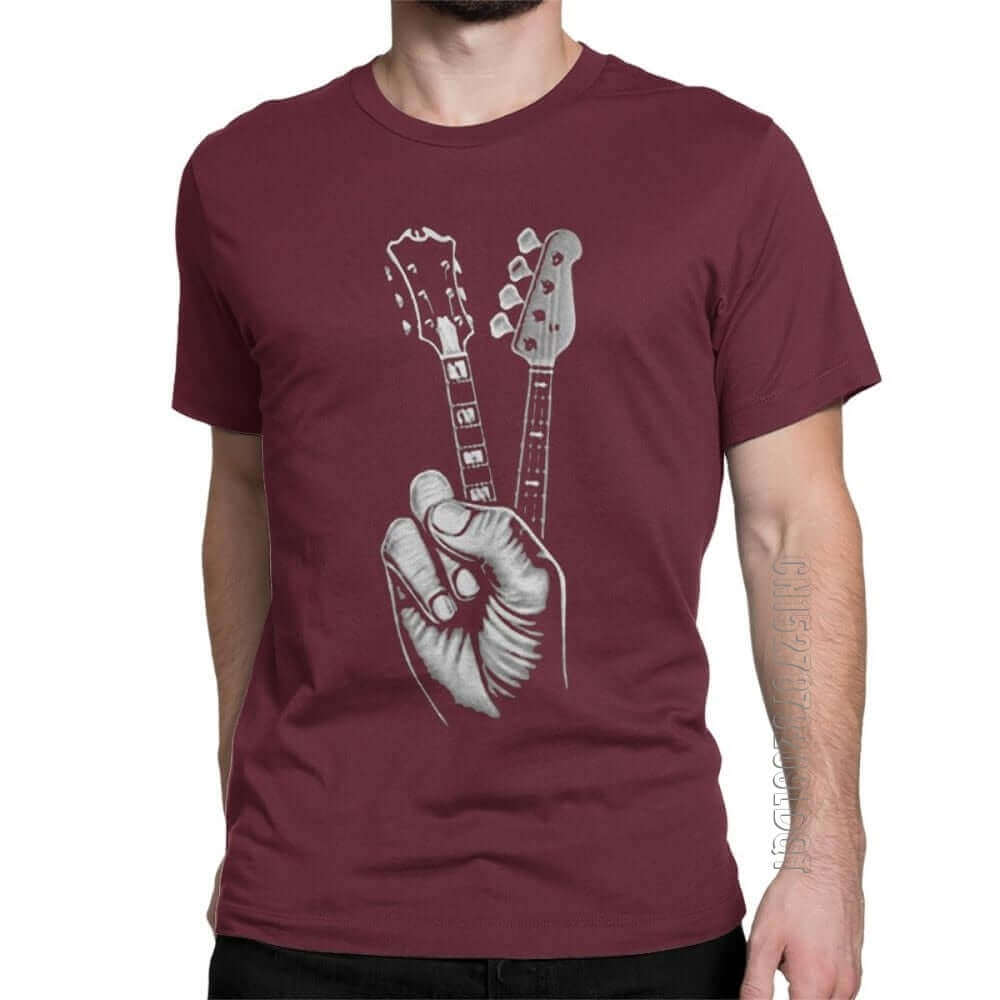 Hipster Bass and Electric guitar victory T Shirt Print Burgundy guitarmetrics