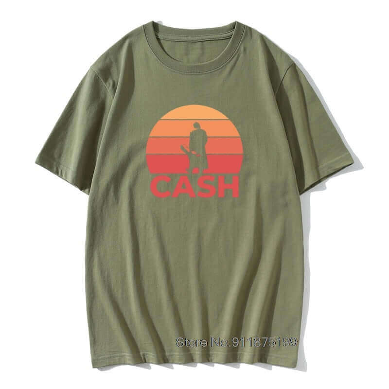 Johnny Cash Guitar Sunset print T Shirt Army Green guitarmetrics