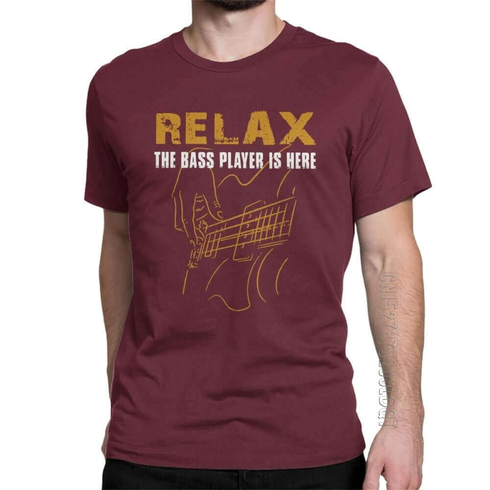 Relax The Bass Player print Tshirt Burgundy guitarmetrics