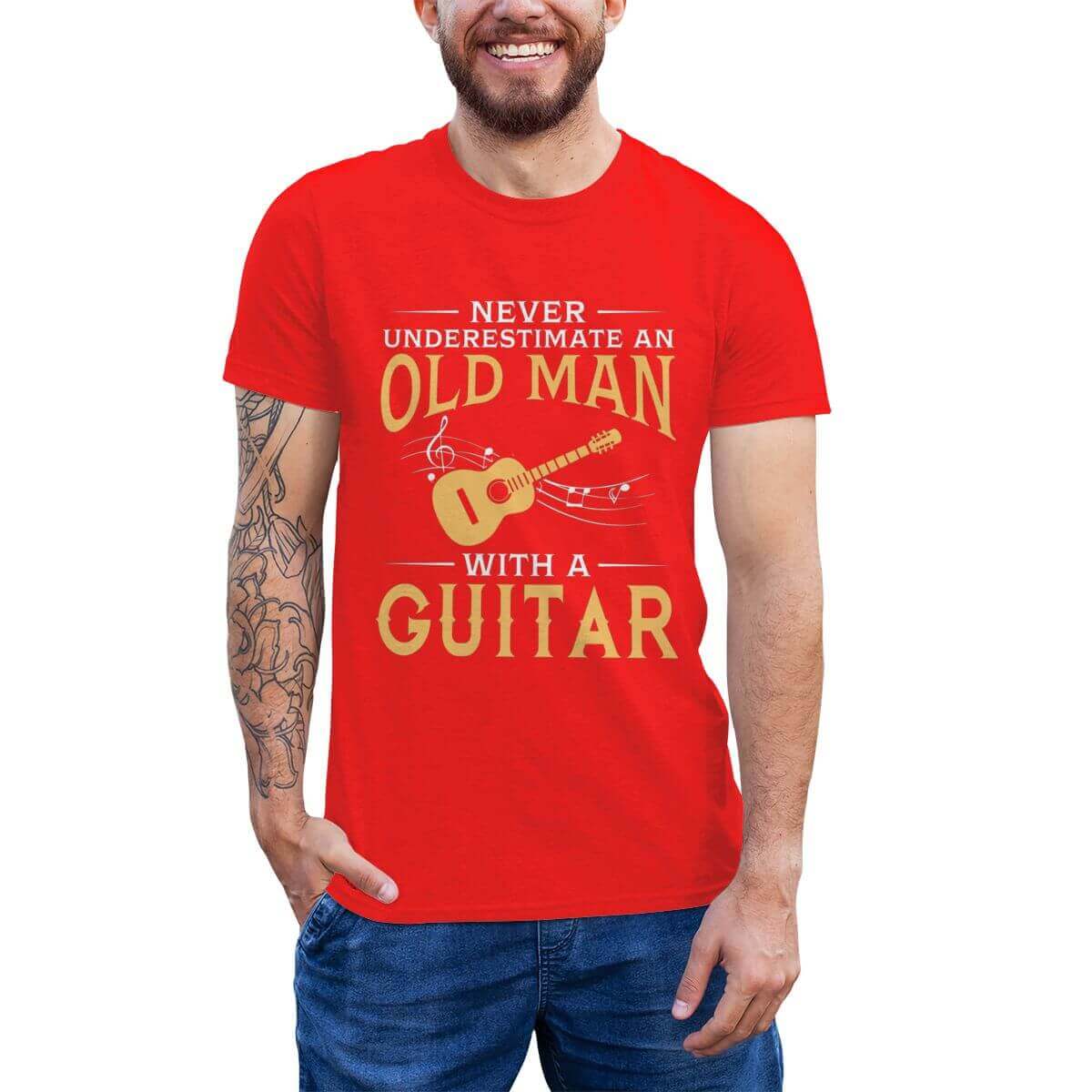 An Old Man With A Guitar print T-Shirt Red guitarmetrics