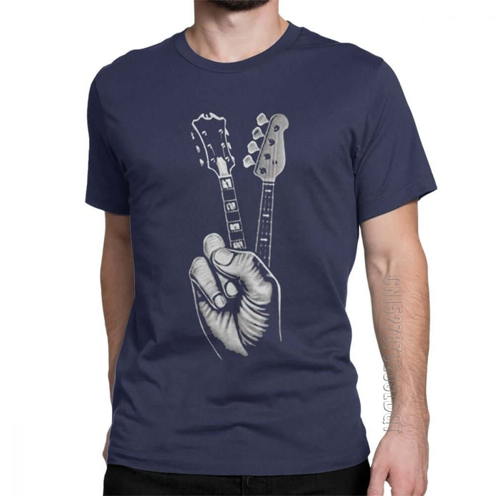 Hipster Bass and Electric guitar victory T Shirt Print Navy Blue guitarmetrics