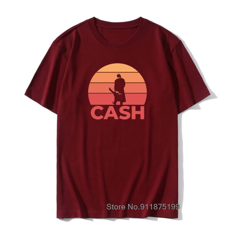 Johnny Cash Guitar Sunset print T Shirt Burgundy guitarmetrics