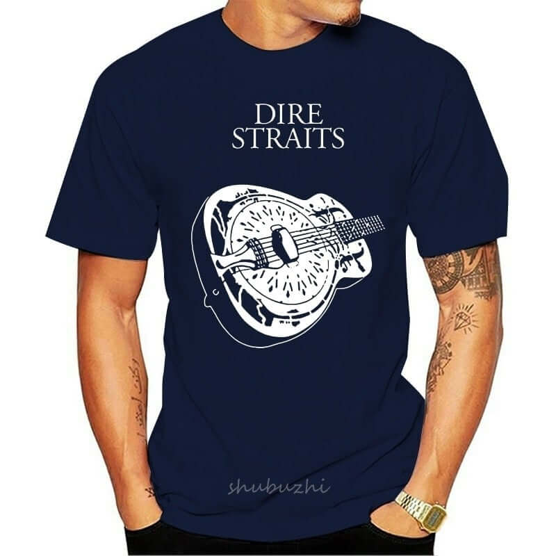 Hsuail Dire Straits Band Guitar Logo T-Shirt navy blue guitarmetrics