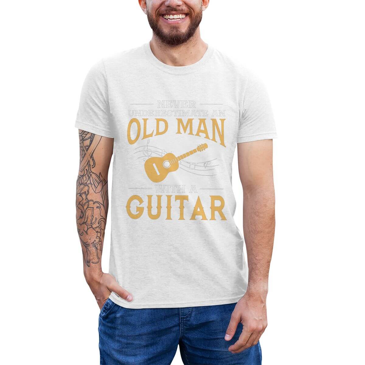 An Old Man With A Guitar print T-Shirt White guitarmetrics