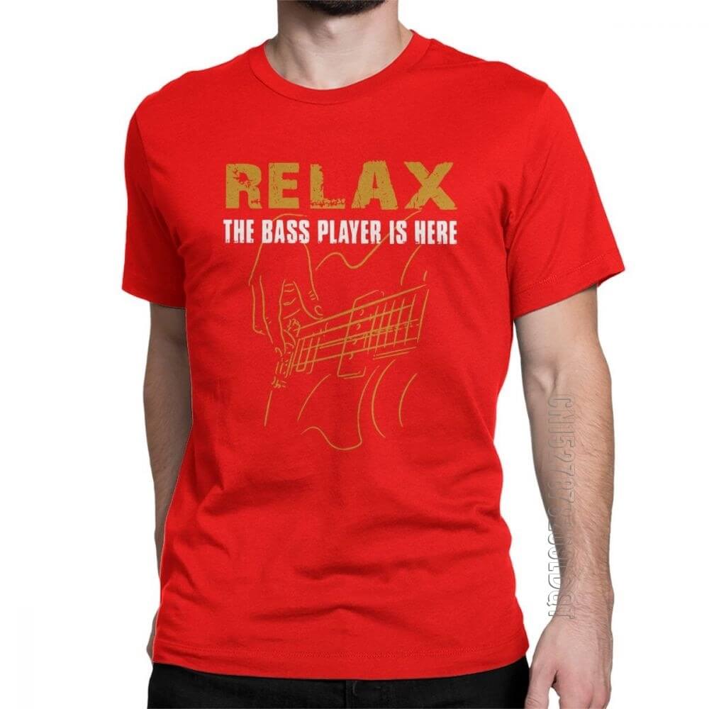 Relax The Bass Player print Tshirt Red guitarmetrics
