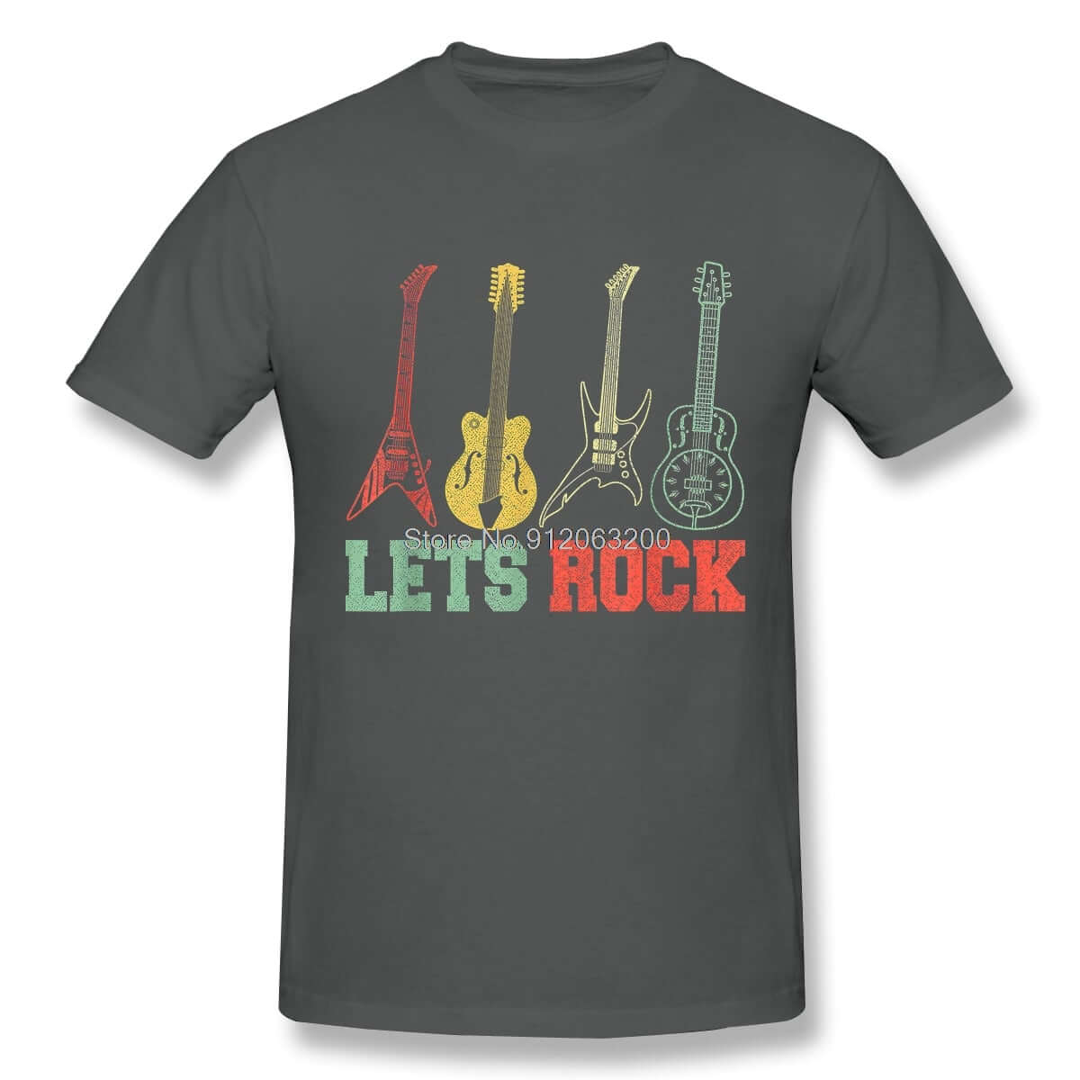 Lets Rock Rock N Roll Retro Guitar Tshirt Dark Grey guitarmetrics
