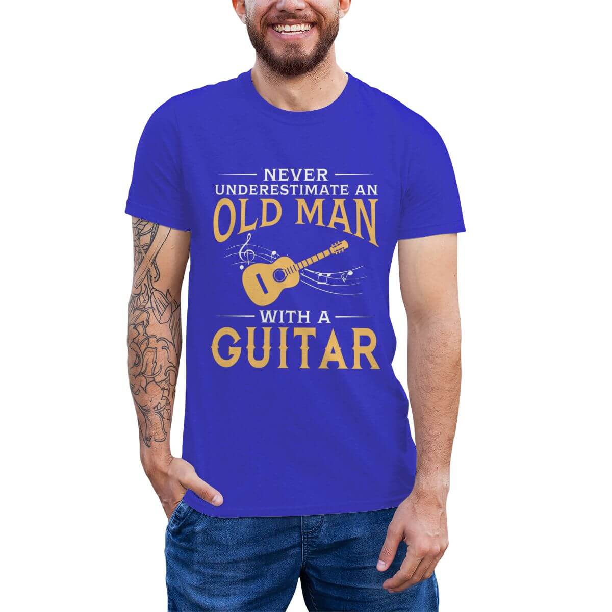 An Old Man With A Guitar print T-Shirt Blue guitarmetrics