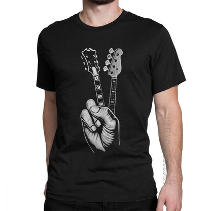 Hipster Bass and Electric guitar victory T Shirt Print Black guitarmetrics
