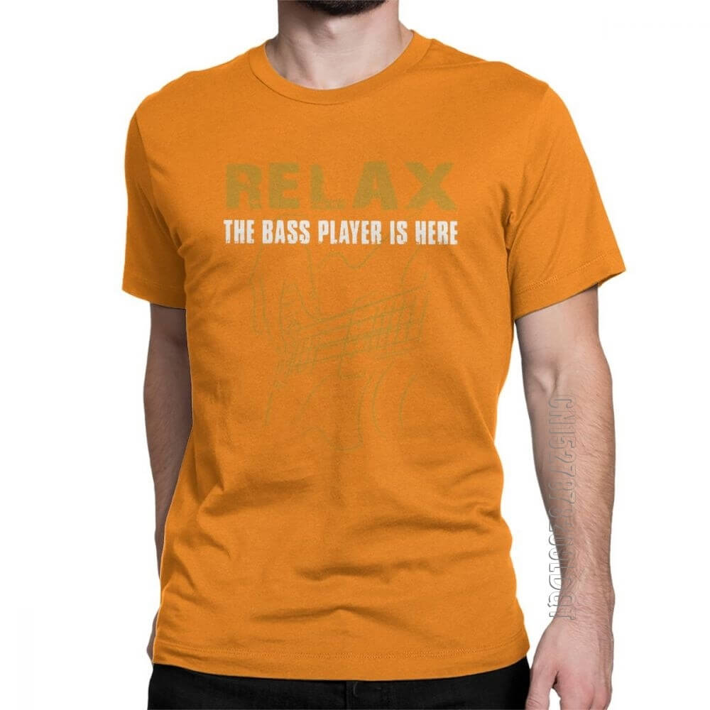 Relax The Bass Player print Tshirt Orange guitarmetrics