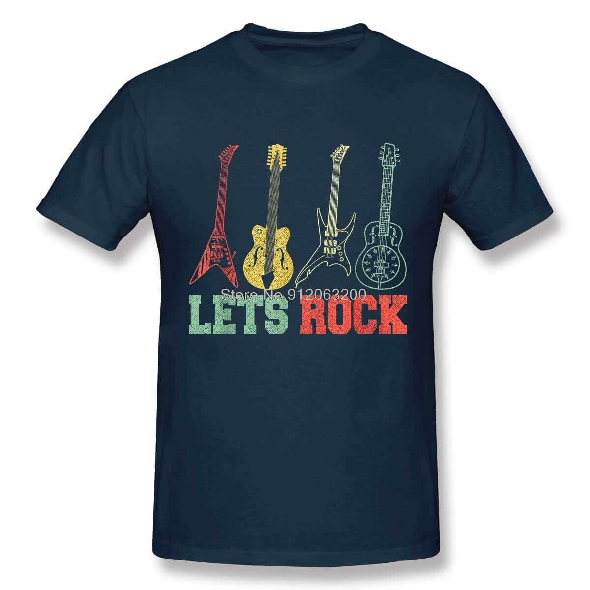 Lets Rock Rock N Roll Retro Guitar Tshirt Navy Blue guitarmetrics