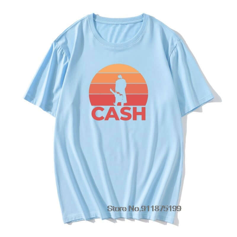 Johnny Cash Guitar Sunset print T Shirt Light Blue guitarmetrics