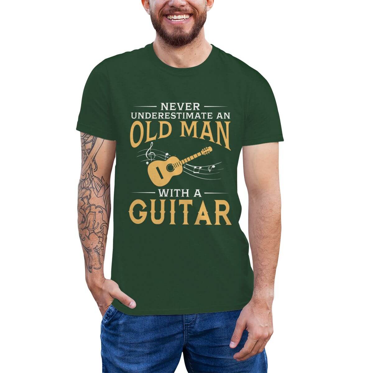 An Old Man With A Guitar print T-Shirt Dark Green guitarmetrics