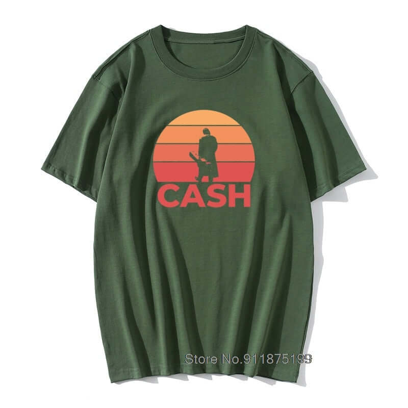 Johnny Cash Guitar Sunset print T Shirt Dark Green guitarmetrics
