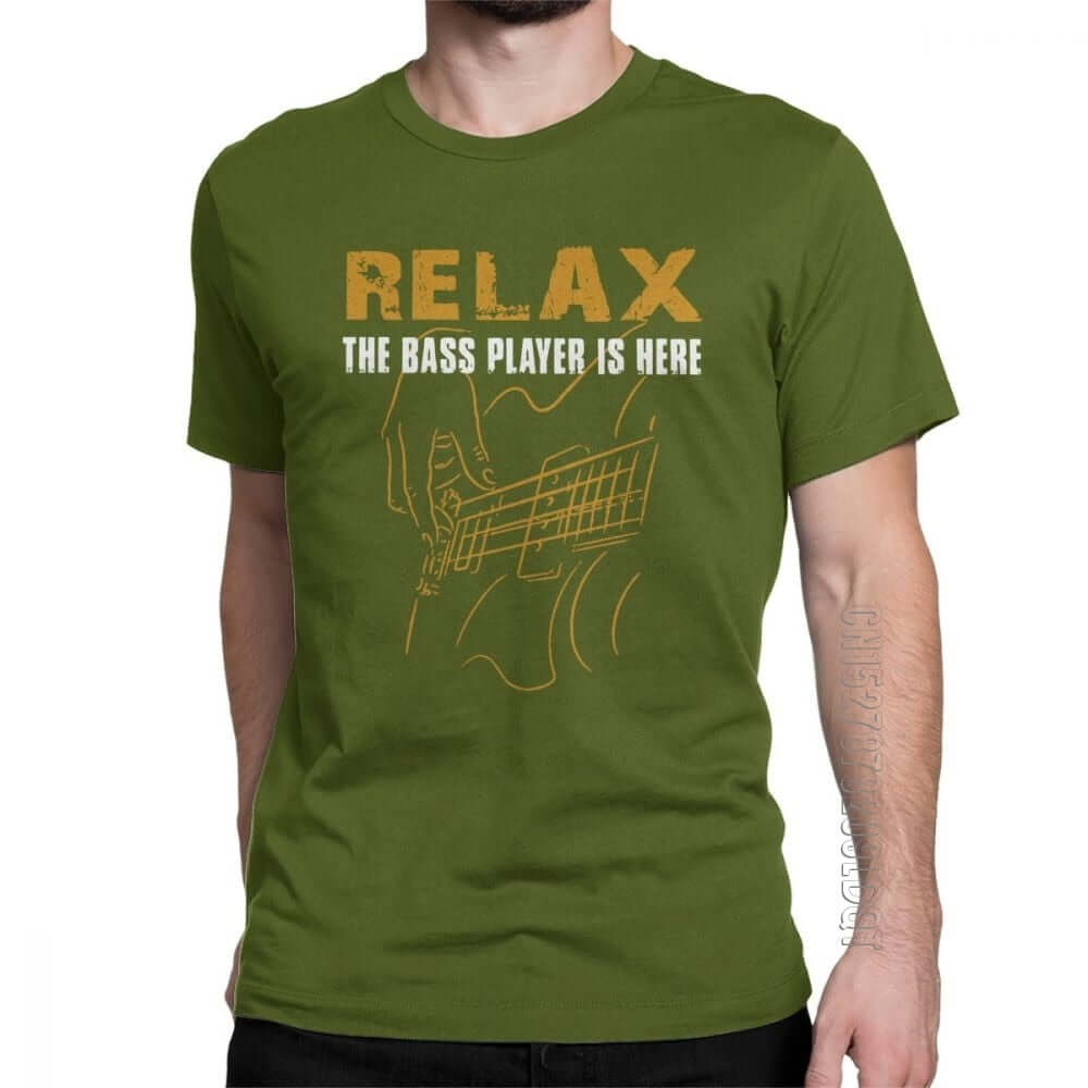 Relax The Bass Player print Tshirt Army Green guitarmetrics