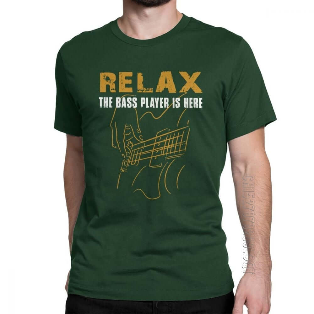 Relax The Bass Player print Tshirt Forest Green guitarmetrics