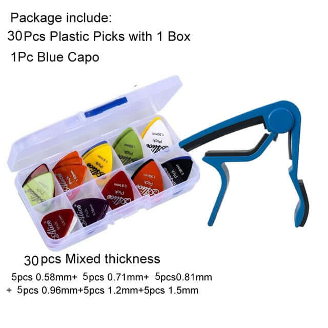 Guitar accessories set (Picks, capo, fingertip protector) 30MixBoxBlueCapo guitarmetrics