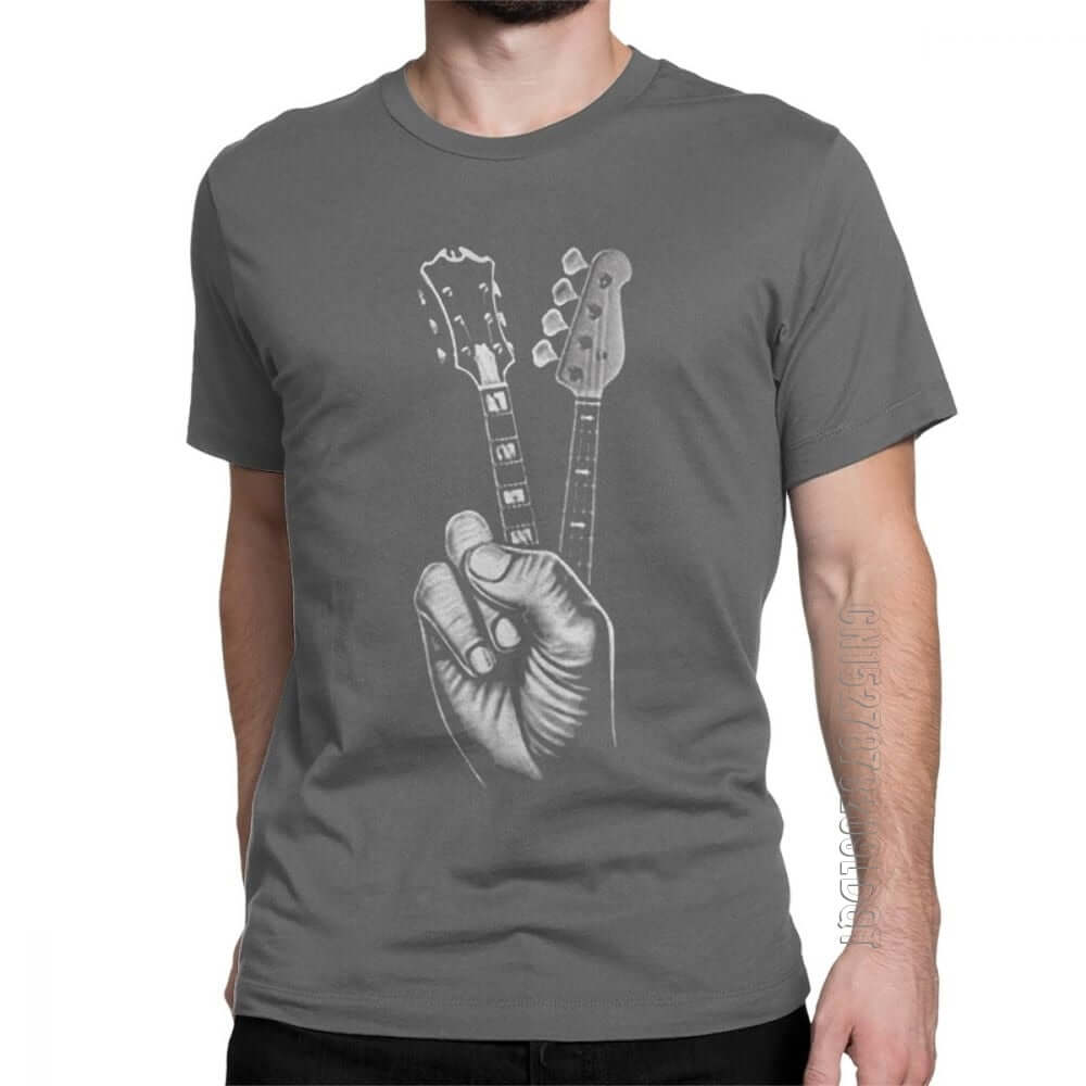 Hipster Bass and Electric guitar victory T Shirt Print Dark Grey guitarmetrics