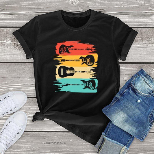 Classic Colorful Guitar print tshirt Black guitarmetrics