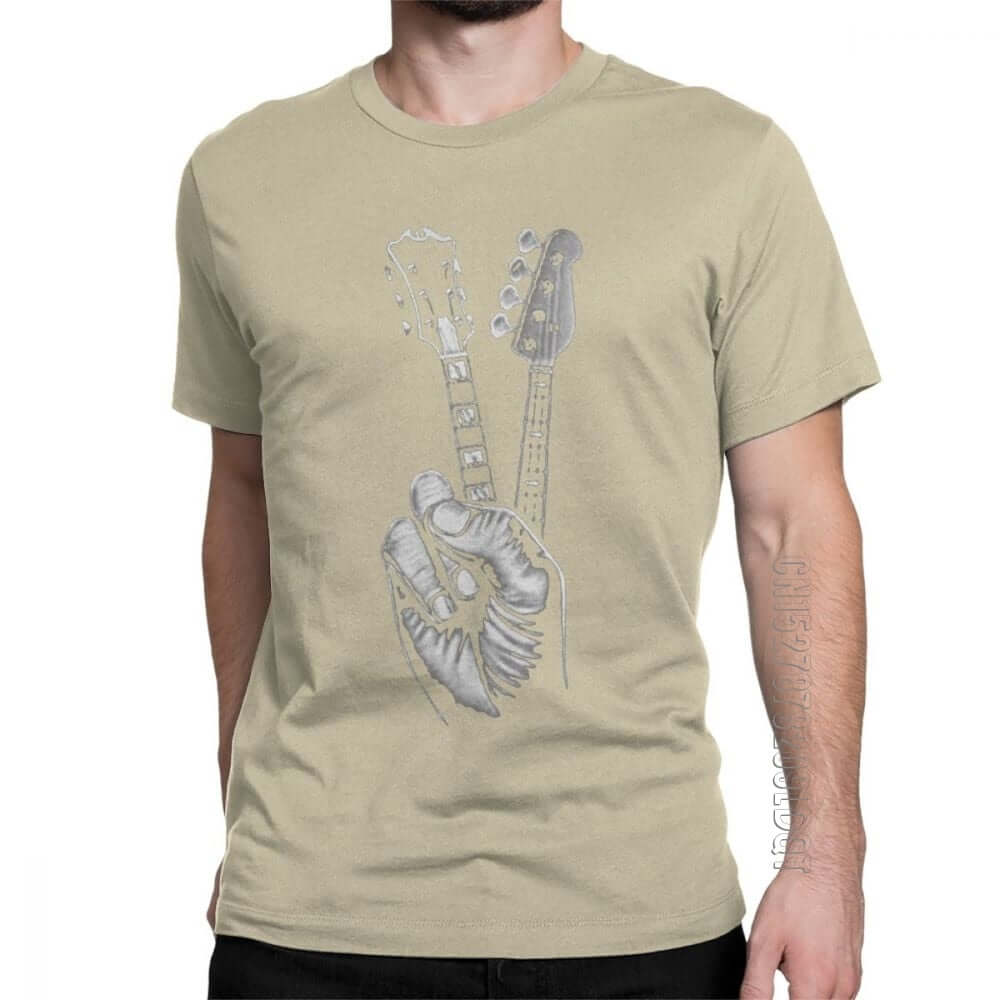Hipster Bass and Electric guitar victory T Shirt Print Khaki guitarmetrics